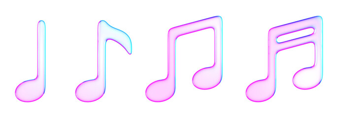 3D glassmorphism music notes set with glossy gradient style. Minimal audio symbols representing sound, rhythm, and melody. Perfect for music, entertainment, and audio design projects