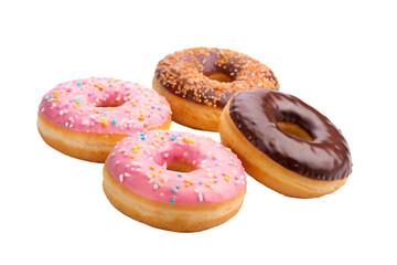 An appealing variety of freshly baked donuts, featuring vibrant pink icing adorned with colorful sprinkles and classic rich chocolate glaze, perfect for a sweet treat