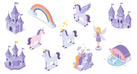Enchanting unicorn and fairy fantasy in pastel isometric style