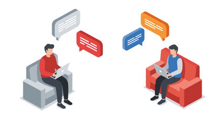 Obraz premium Isometric remote work communication with laptops and chat bubbles