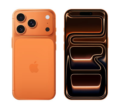 Smart Phone iPhone 17 Pro in cosmic orange color, on transparent background, vector illustration. The iPhone 17 Pro and iPhone 17 Pro Max are smartphones developed and marketed by Apple Inc.