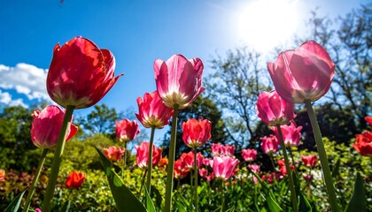 Low angle view of vibrant red tulips in a garden under a bright sky