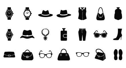 Collection of fashion accessories and clothing items in black silhouette style