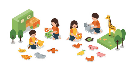 Fototapeta premium Children playing with animal jigsaw puzzles in isometric style