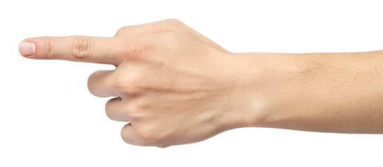 Close-up of Male Hand Pointing Finger Gesture Isolated on Transparent Background, Clean Nails, Detailed Texture, HD Cutout