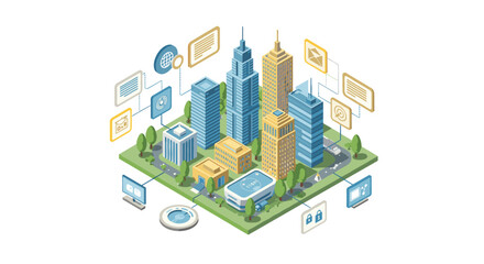 Smart city network isometric concept with skyscrapers and digital communication elements