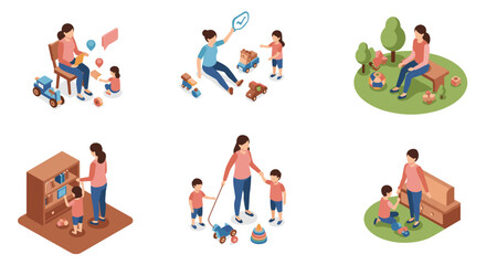 Isometric family activities: mother and children playing and learning together