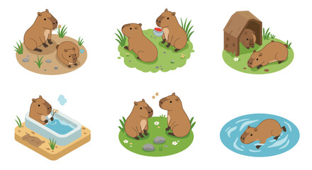 Fototapeta premium Cute isometric capybara illustrations in various adorable activities