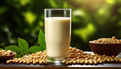 Tall Glass Of Soy Milk Stands On A Surface With Soybeans And Greenery In The Background