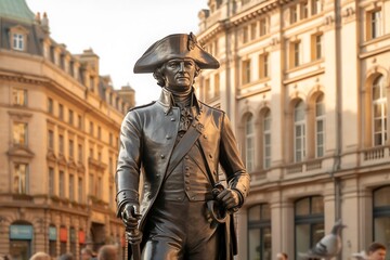 Naklejka premium Majestic bronze statue of historical military leader stands proudly in sunlit city square with classic architecture background.
