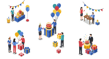 Fototapeta premium Isometric birthday celebration scenes with balloons and gifts