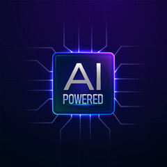 AI Powered processor emblem on a futuristic microchip