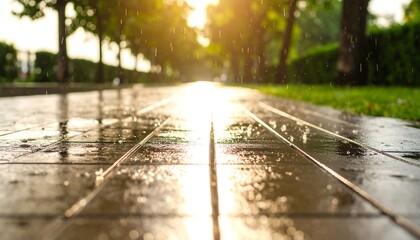 Wet paved walkway, sunlight through rain