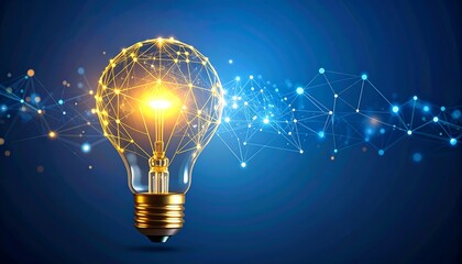 An illuminated lightbulb with a network of lines and points glowing in golden and blue hues against a dark blue background