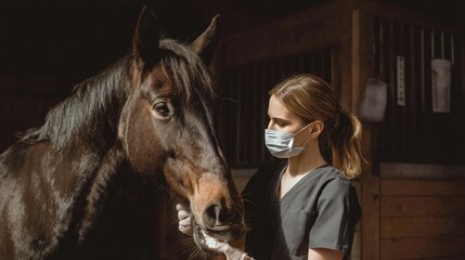 Female Veterinarian Performing Dental Checkup on Horse in Stable