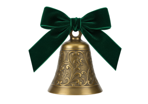 Isolated Christmas bell with green velvet bow, holiday decoration, ornate vintage style