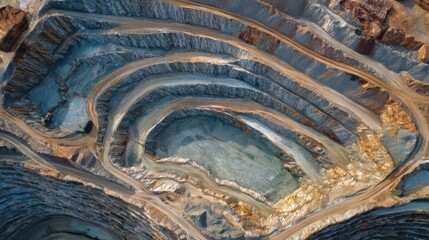 Aerial wide shot of a vast open-pit lithium mine landscape
