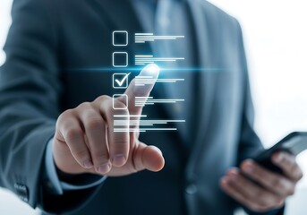 Businessmans finger touching a digital checklist on a screen, with a checkmark indicating completion of a task