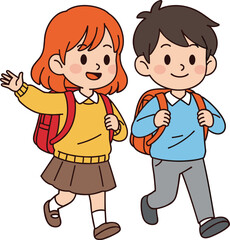 Cartoon children walking together, school backpack characters, friendly conversation pose, cheerful student illustration, educational journey scene artwork