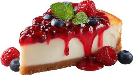 Slice of cheesecake with blueberries and raspberries on top isolated on transparent background