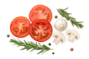 Fresh ingredients for a healthy meal, including ripe tomatoes, mushrooms, and aromatic rosemary, perfect for culinary creations