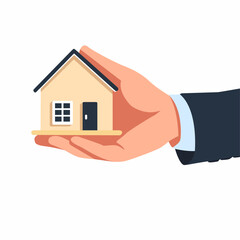 Illustration of a hand offering a small house, symbolizing home ownership. Isolated on a white background.