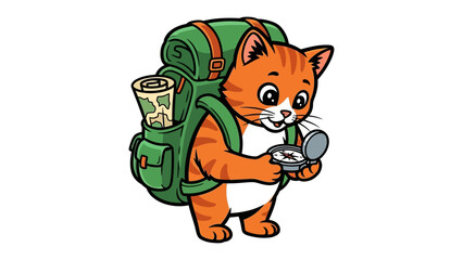 Cartoon Adventurer: A cheerful cartoon kitten, outfitted with a travel backpack and compass, embarks on an outdoor adventure.