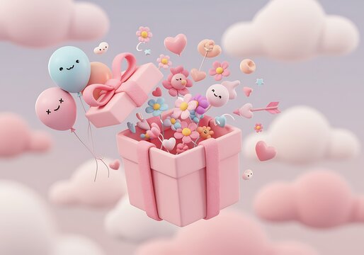 Pink Gift Box Exploding with Flowers Hearts and Cute Balloons in a Dreamy Cloudscape 3D Render - Powered by Adobe