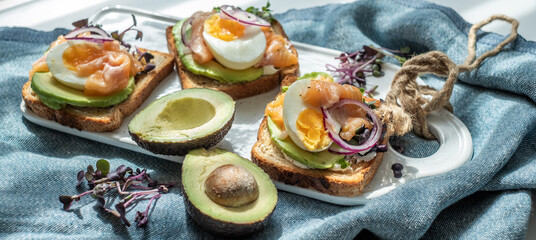Banner with Fresh avocado toast topped with smoked salmon, poached eggs, and red onions on a white platter, surrounded by vibrant greens and cozy blue cloth, emphasizing healthy nutrition and wellness