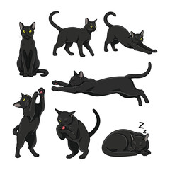 Animated Black Cat Poses: A collection of animated black cats, captured in various graceful poses, highlighting the elegance and agility of these felines in a vibrant illustration.