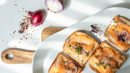 Freshly prepared healthy snacks featuring smoked salmon on whole grain bread, garnished with red onion and herbs, promoting wellness and balanced nutrition with copy space, Banner