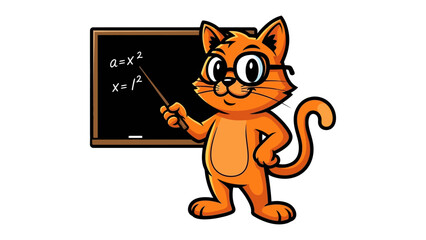 Intelligent Cat Teaching Mathematics: A clever cartoon cat, adorned with spectacles, passionately explains a mathematical equation on a chalkboard, symbolizing wit, knowledge, and education.