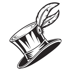 Black and White Illustration of a Top Hat Adorned with Feathers and a Decorative Band plume decoration