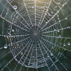 Dew-covered spider web in morning light with sparkling droplets and blurred green background. AI generated.
