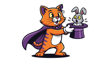 Magical Cat's Hat Trick: A whimsical cartoon captures a charming cat performing a classic magic trick, pulling an amazed rabbit from a magician's hat, bringing a sense of delight.