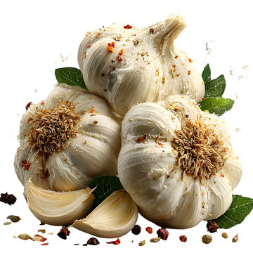 Fresh garlic with spice splash isolated on transparent background