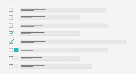 List checklist form with checkboxes marks selected items. List checklist form with filled checkboxes to denote selection and completion. Using list checklist form for survey, voting,