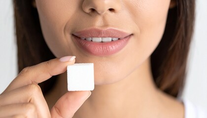 Sugar cube held in front of a woman's smile, White sugar cube with woman smiling showing teeth, concept of sugar and oral hygiene