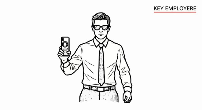 Man holding smartphone sketch style presents app with mobile technology, standing and showing its screen, enfatizando sus caracteristicas y beneficios para los negocios.