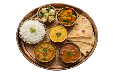 Delicious and Nutritious Indian Thali Meal with Assorted Dishes Rice, Curry, Vegetables, and Chapati on a Plate