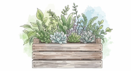 Garden plants in rustic wooden crate create a tranquil scene, rasteniya sada v derevyannom yashchike sozdaiut spokoinuiu stsen, featuring succulents, ferns, and greenery.