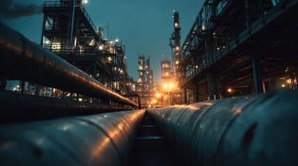 Dynamic perspective of large pipelines leading into an active oil refinery at dusk.