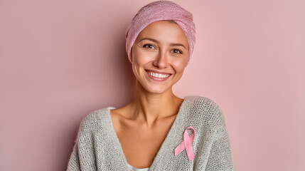 Cheerful woman with pink headscarf and awareness ribbon smiling at camera.
