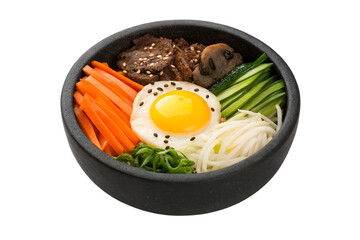 Colorful Bibimbap Bowl with Fried Egg, Vegetables, and Meat on Dark Stone Pot for Asian Cuisine Presentation