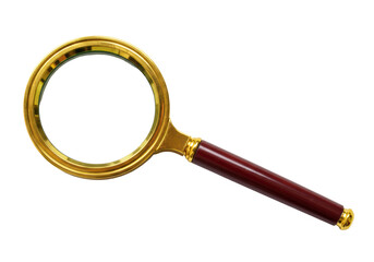 Isolated magnifying glass with a golden frame and brown handle for scientific examination