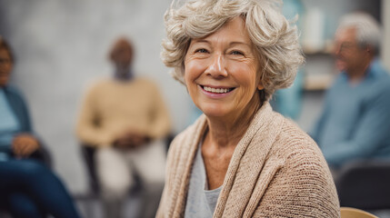 Joyful elderly woman with a bright smile in a support group setting