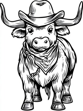 Cowboy Cow in Ink: A charismatic cowboy cow is confidently in a charmingly illustrated scene, a black-and-white masterpiece capturing the spirit of the wild west.