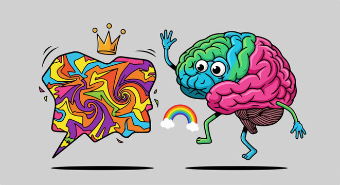 Creativity unleashed, featuring human brain in cartoon style, next to colorful speech bubble, showing creativity. Cartoon brain illustration showcases creativity and imagination,