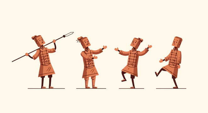 Terracotta army warriors in poses. Terracotta army poses on simple background displays the beauty of ancient Chinese sculptures, showcasing various stances and postures.