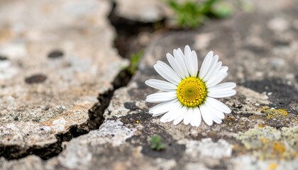 Lone Survivor A Single, Fresh White Daisy Flourishing from a Wide Crack in a Weathered Stone Slab, a Powerful Visual Representation of Rebirth and Resilience